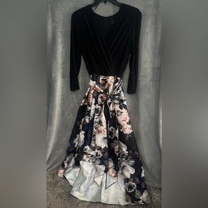 R&M Richards evening gown .Black floral print size 12